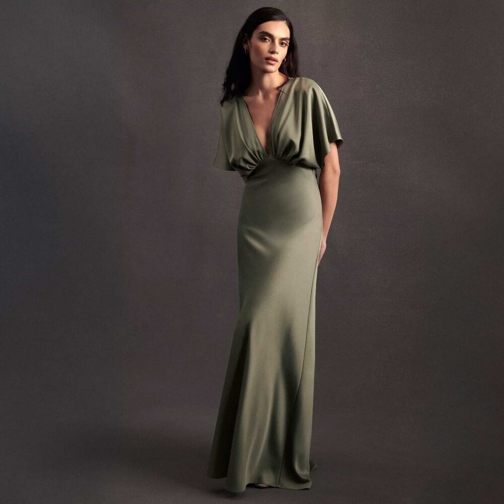 BHLDN Leila Deep-V Flutter-Sleeve Satin A-Line Gown (size 6)